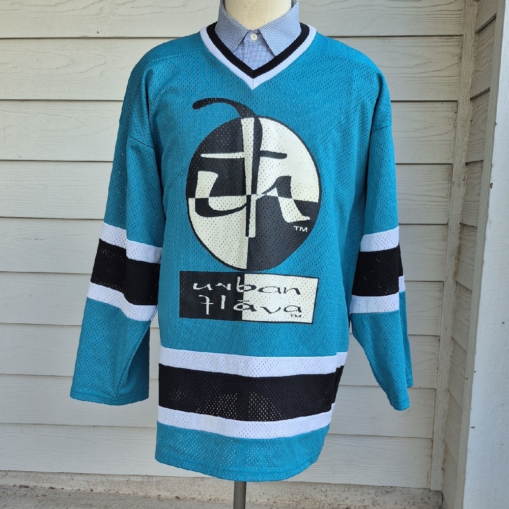 URBAN FLAVA Turquoise Black White USA Mens XXL Hockey Sweater Jersey RAP VTG 90s